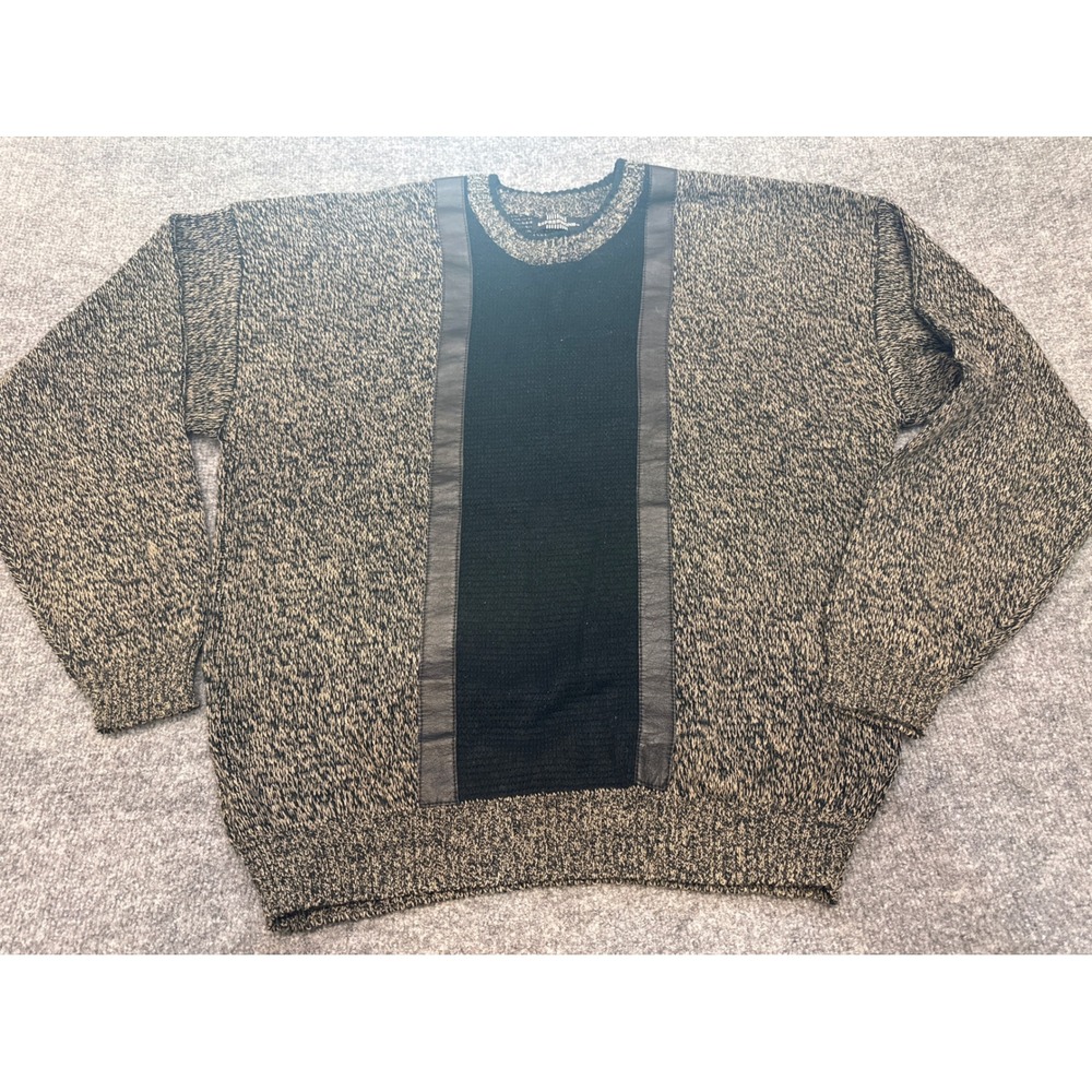 Vintage 80s Expressions Mens Large Sweater Black Tan Marled Knit Korea Retro